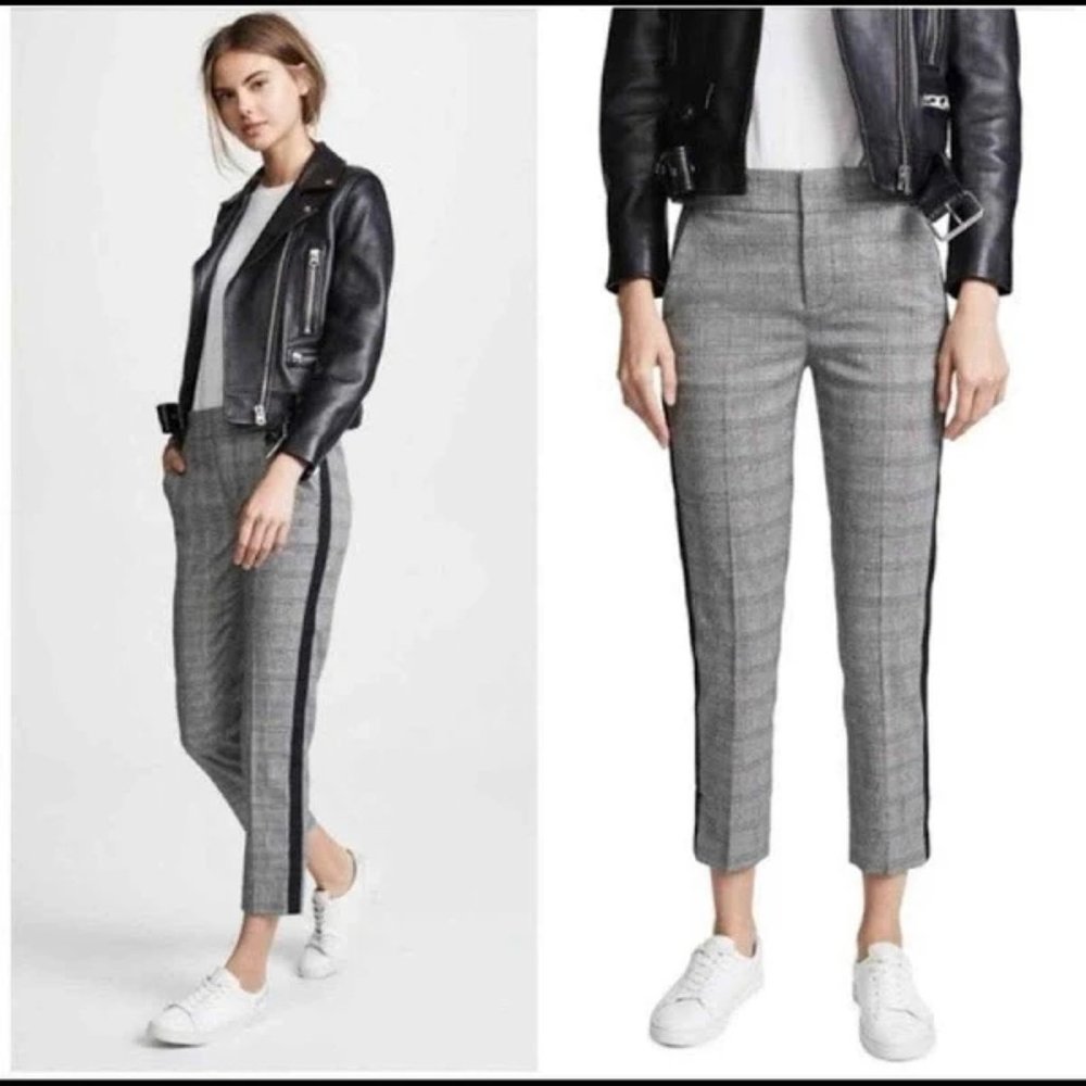 Joie Kenadia Tuxedo Stripe Cropped Ankle Plaid Pants White Black Mid Rise